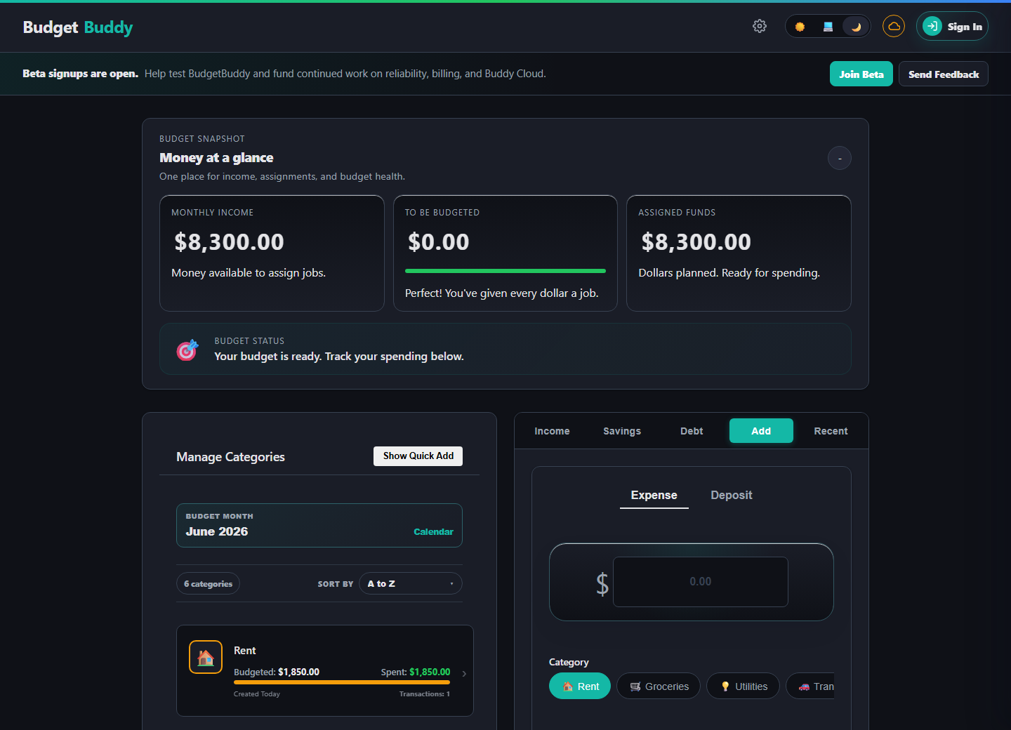 BudgetBuddy dashboard showing monthly income, assigned funds, category budgets, and the add transaction panel