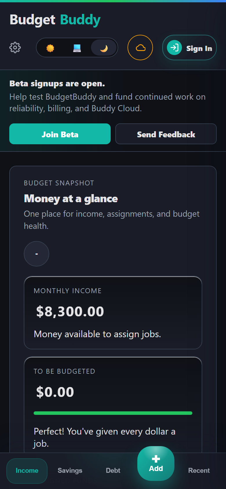 BudgetBuddy mobile dashboard showing beta actions, budget snapshot, and bottom navigation