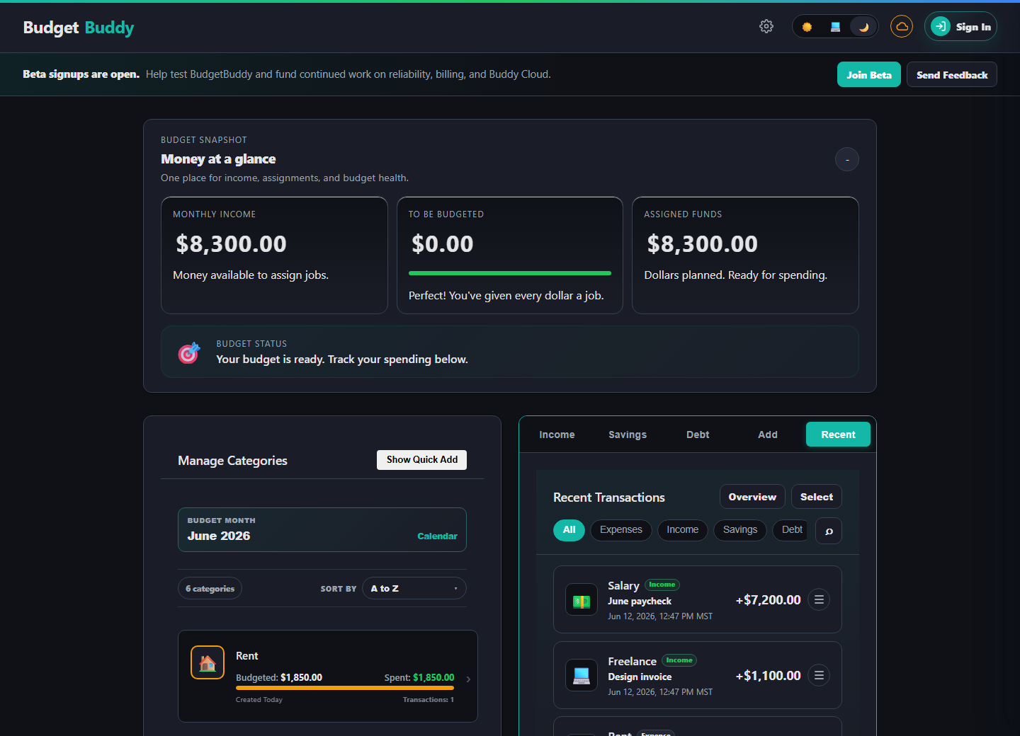BudgetBuddy recent transactions view showing transaction filters and recent income entries