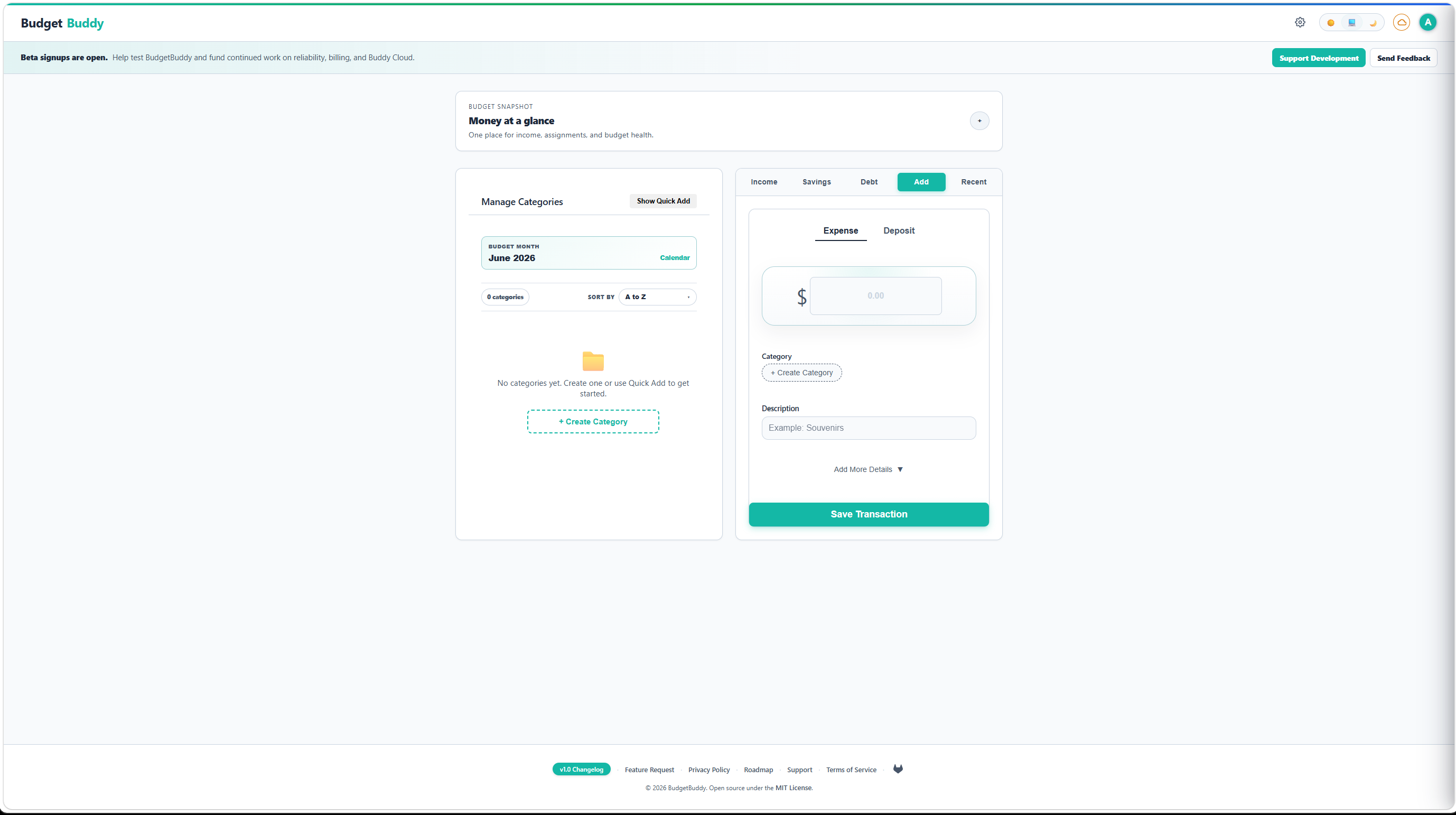 BudgetBuddy dashboard showing budget categories and positive balance tracking